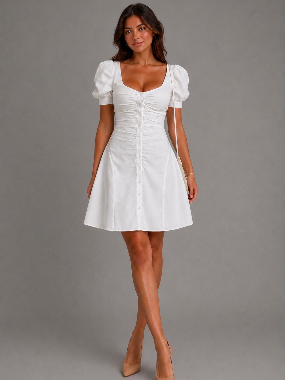 Commense NWT White Puff Sleeve Button-Front Dress SIZE L
